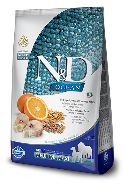 Farmina Ocean N&D Natural & Delicious Medium & Maxi Adult Cod, Spelt, Oats & Orange Dry Dog Food